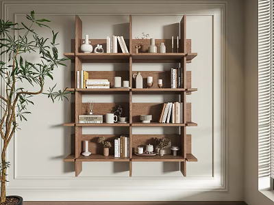 Wooden Wall Cabinet with Open Shelves Displaying Books Vases Mugs in Modern Decor 3d model