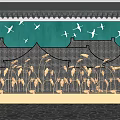 Water Ripple Lights With Crane Motifs And Chinese Style Roof Design In Green Wave Background