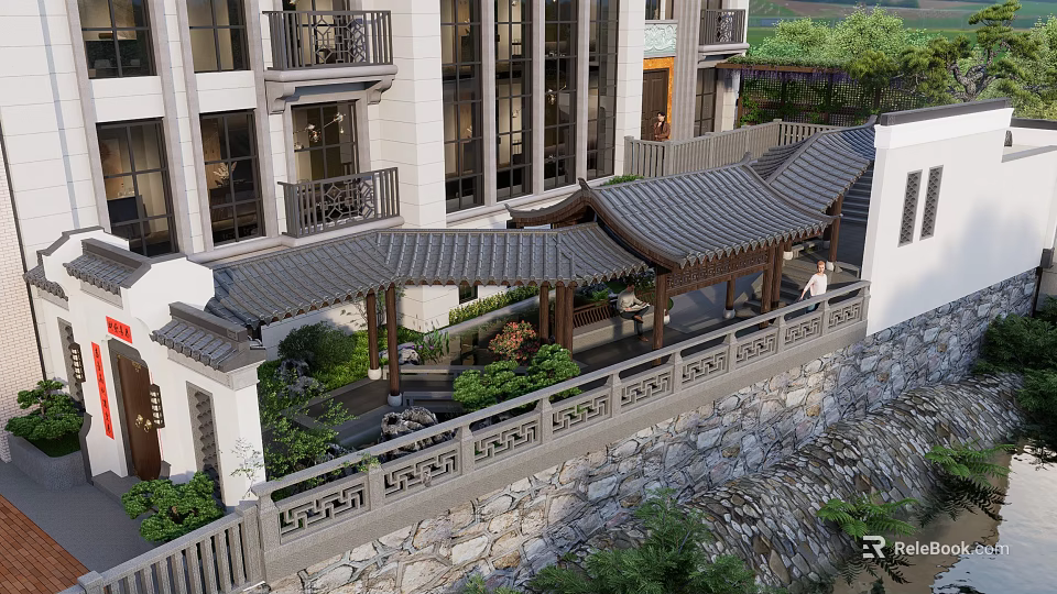 Chinese Style Courtyard Garden with Tile Roof Pergola Stone Railings and Lush Plants 3d model 