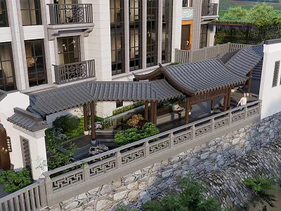 Chinese Style Courtyard Garden with Tile Roof Pergola Stone Railings and Lush Plants 3d model