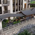 Chinese Style Courtyard Garden with Tile Roof Pergola Stone Railings and Lush Plants
