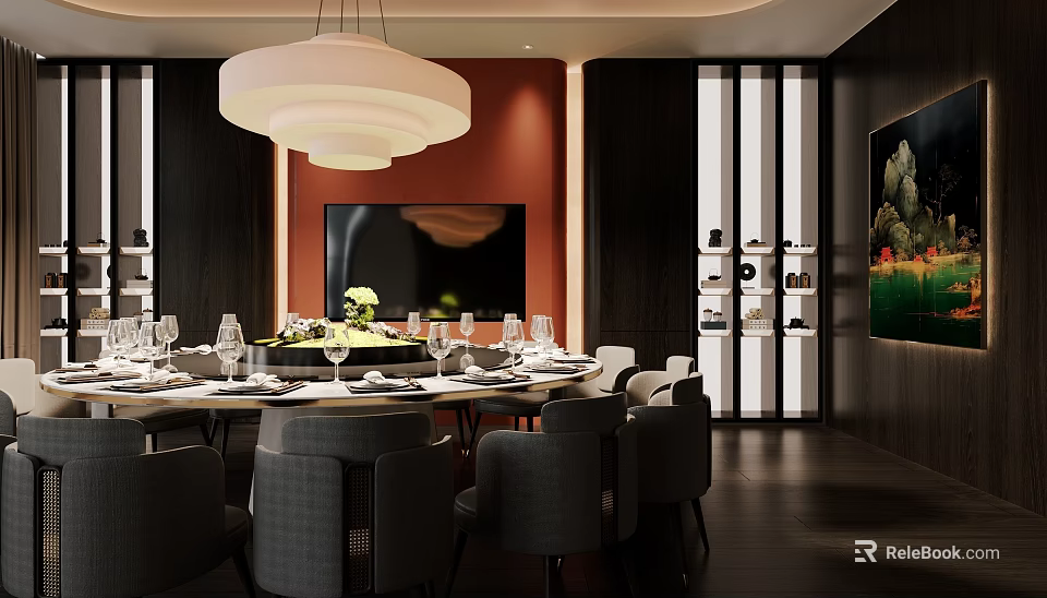 Private Dining Room With Round Table Chic Lighting And Art Decor 3d model 