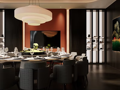 Private Dining Room With Round Table Chic Lighting And Art Decor 3d model