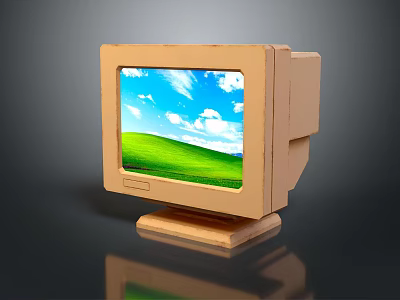 Retro Computer Monitor With Wooden Frame Displaying Blue Sky White Clouds Green Field Background 3d model
