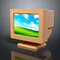 Retro Computer Monitor With Wooden Frame Displaying Blue Sky White Clouds Green Field Background