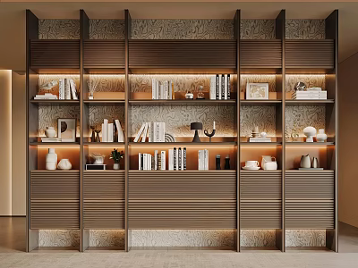 Modern Wooden Bookcase with Layered Shelves Displaying Books Decorative Items And Vases 3d model