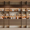 Modern Wooden Bookcase with Layered Shelves Displaying Books Decorative Items And Vases