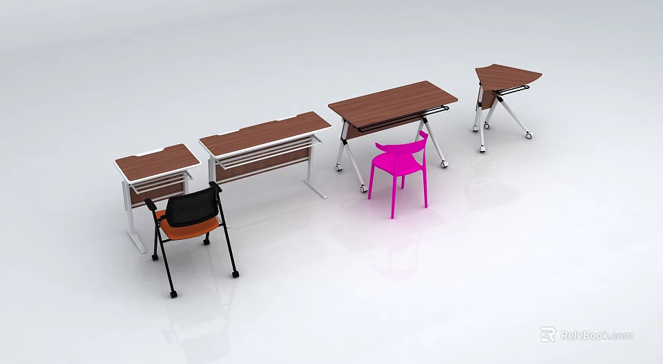 Modern Tables And Chairs With Wooden Tops Metal Legs And Colorful Seats 3d model 