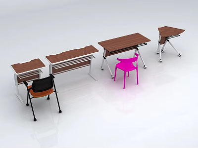 Modern Tables And Chairs With Wooden Tops Metal Legs And Colorful Seats 3d model