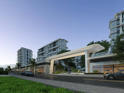 Modern Building Complex Entrance Gate With Covered Structure Trees Greenery And Cars On Roadway 3d model