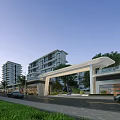 Modern Building Complex Entrance Gate With Covered Structure Trees Greenery And Cars On Roadway