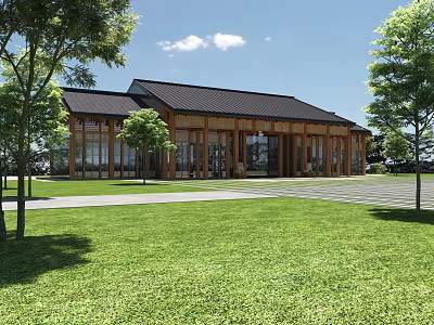 Modern Wooden Building With Open Structure In Green Lawn And Tree Surrounded Area Under Blue Sky 3d model