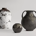 Ceramic Vessels Collection Featuring White Black Spots Dark Wavy Patterns And Two Handle Intricate Design