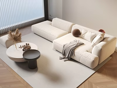 Modern Cream L Shaped Sofa Coffee Table Set with Throw Pillows and Blanket 3d model