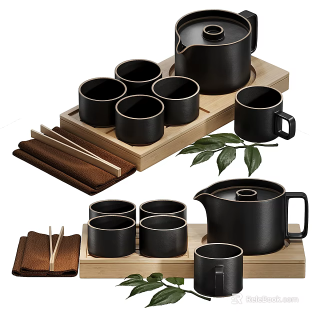 Black Ceramic Tea Set With Teapot Teacups Wooden Tray And Brown Tea Towels 3d model 