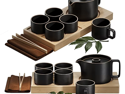 Black Ceramic Tea Set With Teapot Teacups Wooden Tray And Brown Tea Towels 3d model