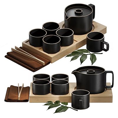 Black Ceramic Tea Set With Teapot Teacups Wooden Tray And Brown Tea Towels 3d model