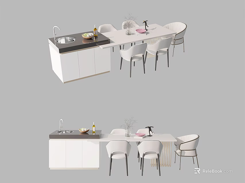 Modern Kitchen Interior Dining Table Set With White Chairs Cabinets And Countertop 3d model