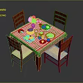 Dining Table Set with Red and White Checkered Tablecloth and Wooden Chairs