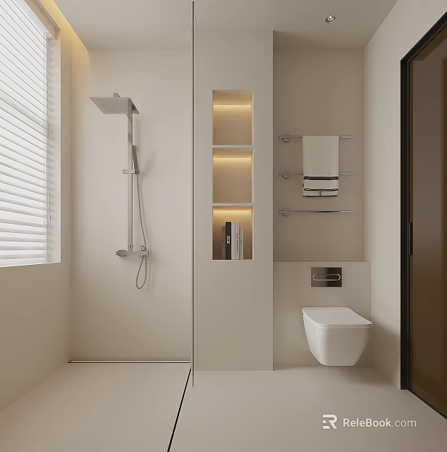 Modern Bathroom With Showerhead Built in Shelves Ambient Lighting Towel Rack And Wall Hung Toilet 3d model 