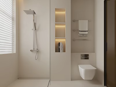 Modern Bathroom With Showerhead Built in Shelves Ambient Lighting Towel Rack And Wall Hung Toilet 3d model