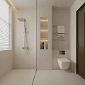 Modern Bathroom With Showerhead Built in Shelves Ambient Lighting Towel Rack And Wall Hung Toilet