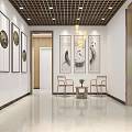 Hotel Lobby With Chinese Calligraphy White Wall Wave Pattern Rock Formations And Green Plants