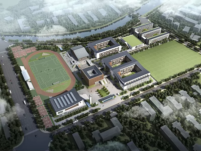 Modern School Buildings Campus Layout With Football Field Green Lawn And Surrounding Trees 3d model