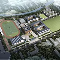 Modern School Buildings Campus Layout With Football Field Green Lawn And Surrounding Trees