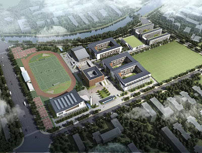 Modern School Buildings Campus Layout With Football Field Green Lawn And Surrounding Trees 3d model