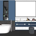 Modern Bathroom Vanity With Double Sinks Marble Countertop Blue Cabinets And Round Stool