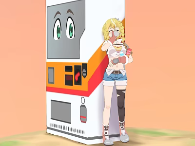 Cartoon Game Character Blonde Girl Standing By Anthropomorphic Vending Machine Holding Doll In Orange Background 3d model