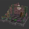Scenic Medieval Setting with Stone Walls Stained Glass Window Wooden Bench and Metal Container