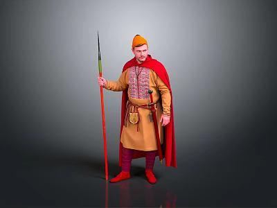 Man in Traditional Brown Tunic Red Pants Wearing Orange Hat Red Cape With Spear 3d model