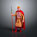 Man in Traditional Brown Tunic Red Pants Wearing Orange Hat Red Cape With Spear