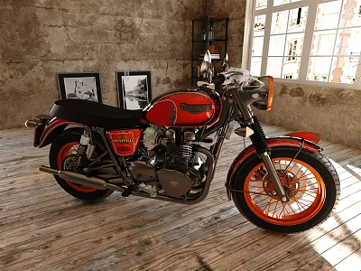Classic Red and Black Motorcycle on Wooden Floor with Concrete Wall and Framed 3d model