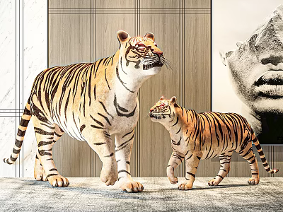 Adult And Baby Tiger Figures In Interior With Wooden Wall And Portrait Art 3d model