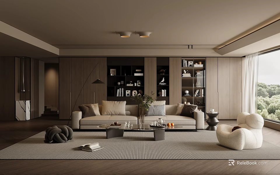 Modern Elegant Living Room Interior With Beige Sofa Wooden Bookshelves Floor Lamp Rug And Curtains 3d model 