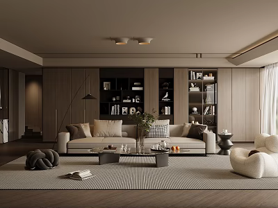 Modern Elegant Living Room Interior With Beige Sofa Wooden Bookshelves Floor Lamp Rug And Curtains 3d model