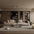 Modern Elegant Living Room Interior With Beige Sofa Wooden Bookshelves Floor Lamp Rug And Curtains