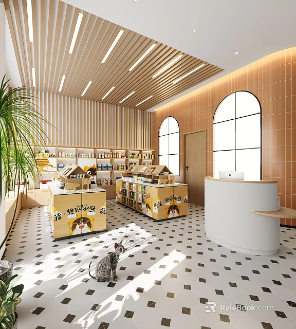 Pet Store Interior Featuring Cat Products Shelves Counter Plant Arched Windows And Checkerboard Floor 3d model 