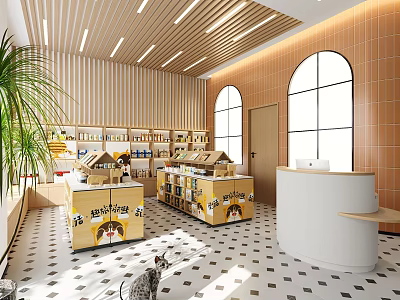 Pet Store Interior Featuring Cat Products Shelves Counter Plant Arched Windows And Checkerboard Floor 3d model