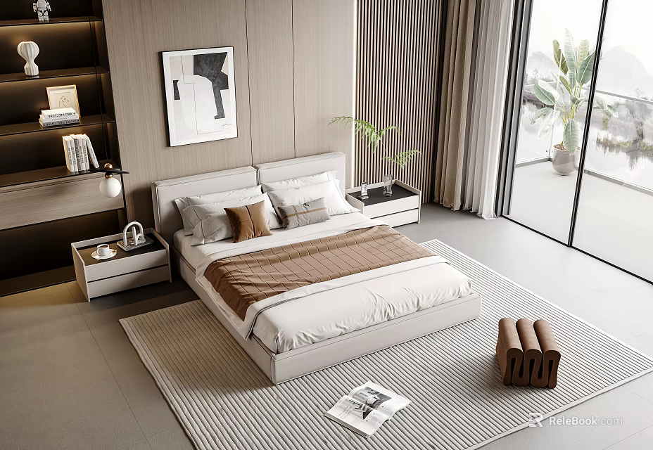 Modern Double Bed Bedroom With Nightstands Decorative Painting And Soft Area Rug 3d model 