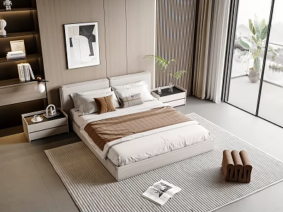 Modern Double Bed Bedroom With Nightstands Decorative Painting And Soft Area Rug 3d model