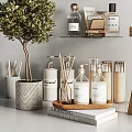 Modern Bathroom Accessories With Shelves Bottles Hanging Towel Hair Dryer And Green Plant