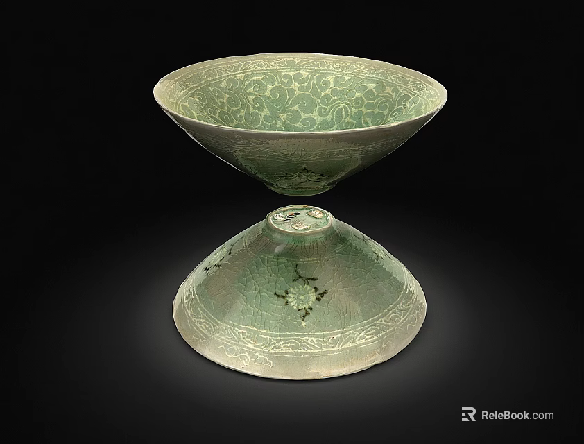 Traditional Celadon Ceramic Vessel with Intricate Patterns on Pedestal Base and Elegant Design 3d model 