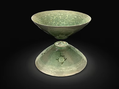Traditional Celadon Ceramic Vessel with Intricate Patterns on Pedestal Base and Elegant Design 3d model