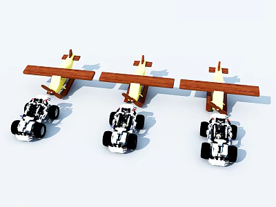 Three Electric Toy Airplanes With Wooden Wings Black Wheels And White Bodies 3d model