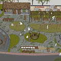 Park Landscape With Thatched Cottage Playground Equipment Paved Courtyard Stone Mill And Green Plants