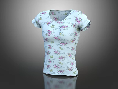 White Short Sleeve T-shirt With Pink Green Floral Pattern Design For Women 3d model
